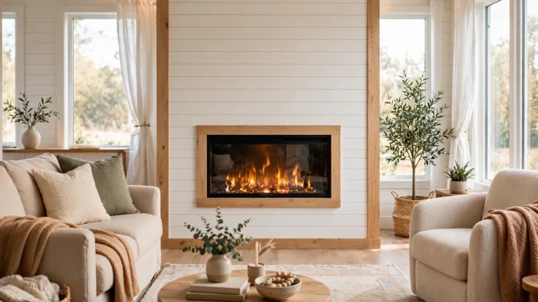 Modern electric fireplace glowing in a cozy living room, showing what an electric fireplace costs in 2026