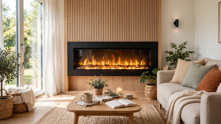 Electric fireplace with realistic LED flames glowing in a cozy living room
