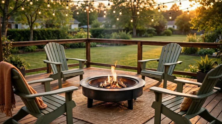 A fire pit on a wood deck with chairs and string lights at sunset