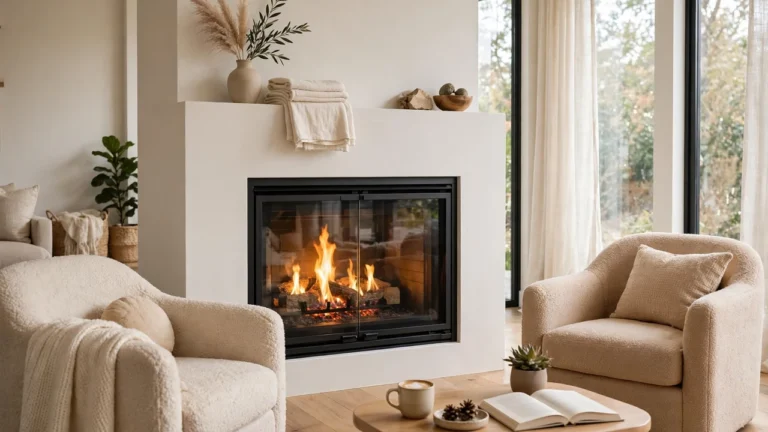 Bright modern living room with a lit direct vent gas fireplace — how much it costs to install a gas fireplace depends on the unit type, gas line, and venting