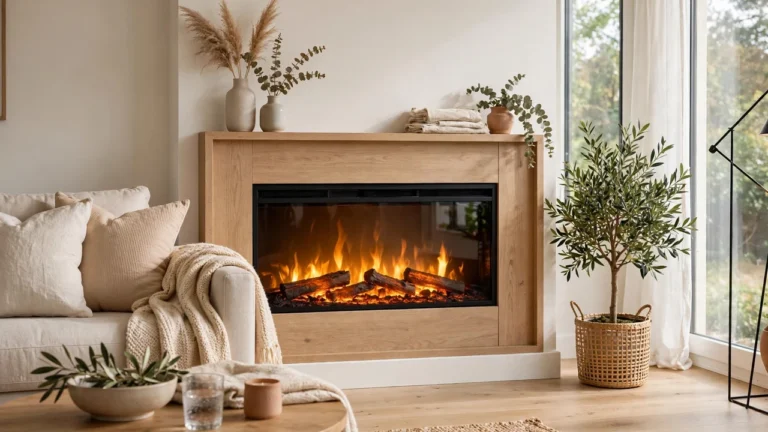 Electric fireplace with glowing flame effect warming a cozy modern living room