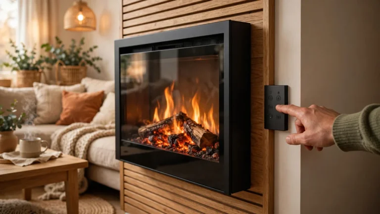 How to Turn On an Electric Fireplace in 7 Steps 12 Hand pressing the control panel of a wall-mounted electric fireplace with glowing flames in a living room
