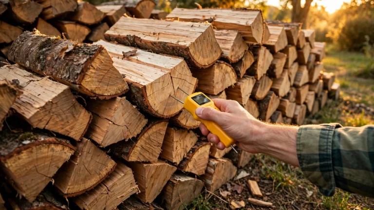 Hand holding a moisture meter against a freshly split face of seasoned firewood in a stacked woodpile