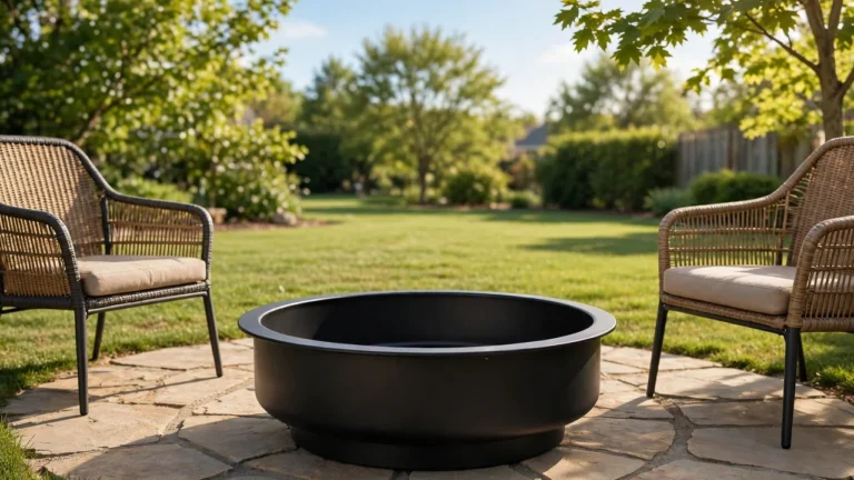Clean round steel backyard fire pit on a stone patio after learning how to clean a fire pit