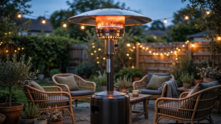 Freestanding propane patio heater glowing on a backyard patio at dusk