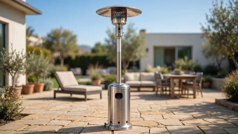 Tall propane patio heater on a stone patio with clear open space around it