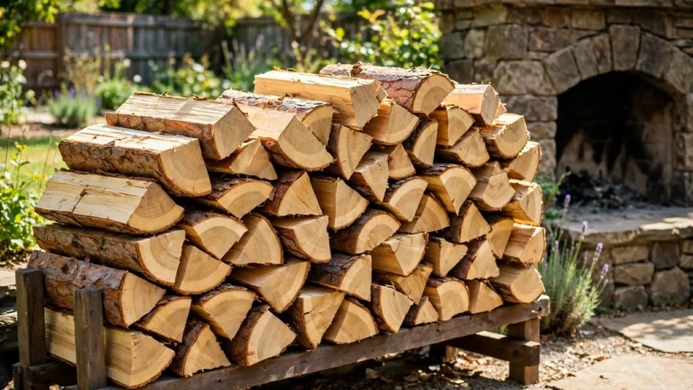 Stack of seasoned pine firewood splits ready for the fireplace