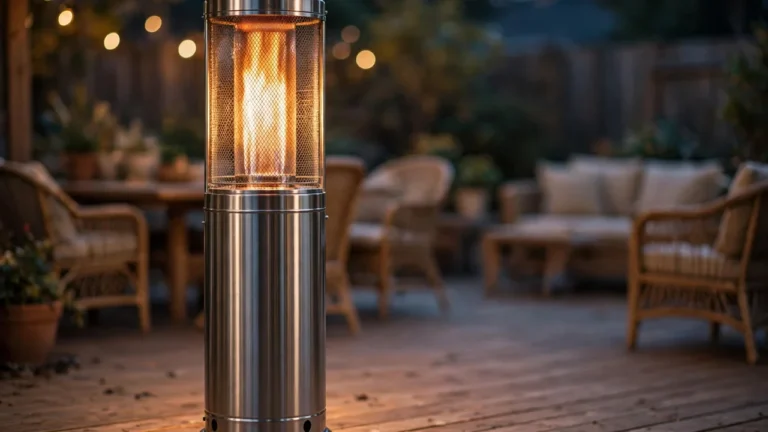 Glowing propane patio heater on a backyard deck at dusk, showing the pilot-driven burner a patio heater thermocouple protects