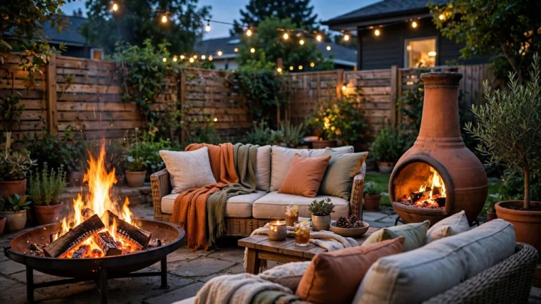 Backyard fire pit and clay chiminea side by side at dusk with flames glowing