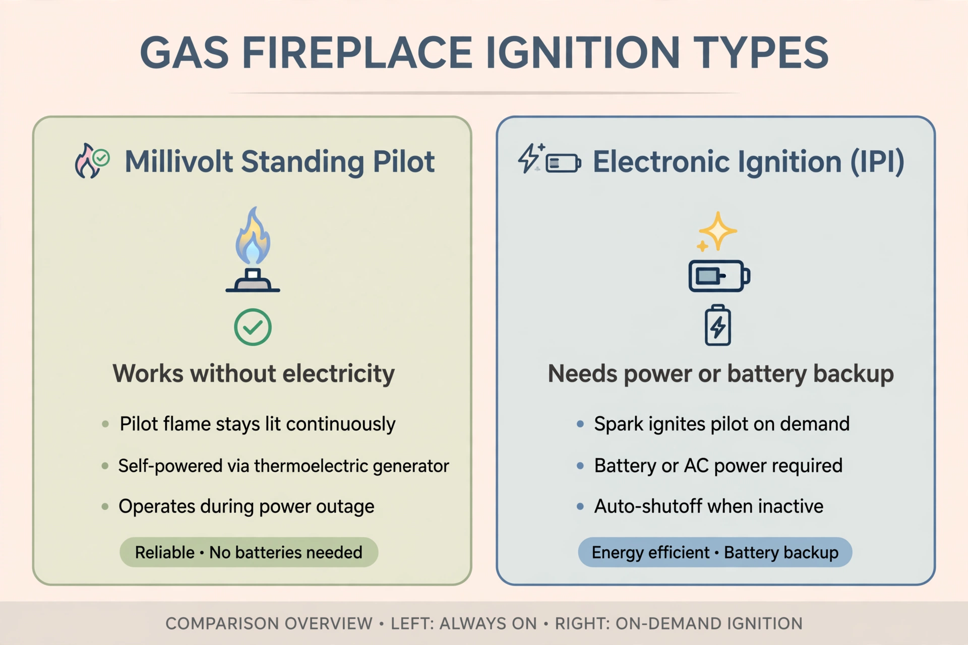 Infographic comparing millivolt standing pilot and electronic ignition gas fireplace systems and whether each works without electricity