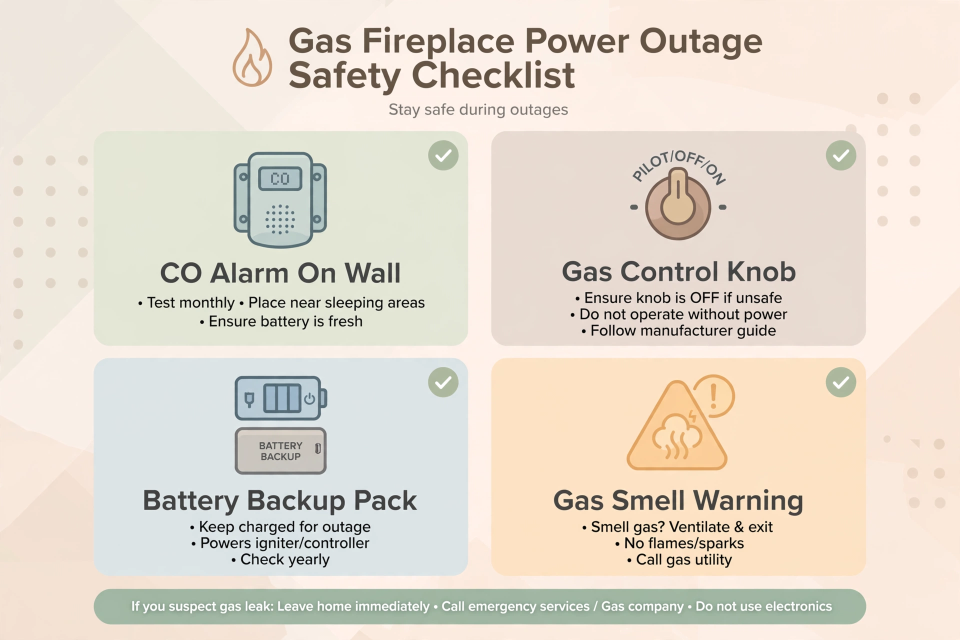 Infographic checklist for gas fireplace power outage safety: CO alarm, gas control knob, battery backup pack, and gas smell warning