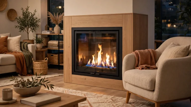 Lit gas fireplace with glass doors glowing in a cozy living room during a power outage