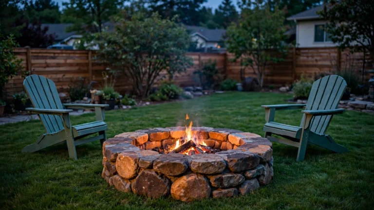 Stone fire pit with a small controlled fire in a backyard at dusk