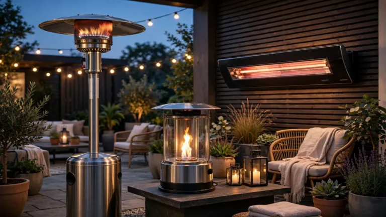 Different styles of patio heaters displayed on an outdoor showroom patio at dusk