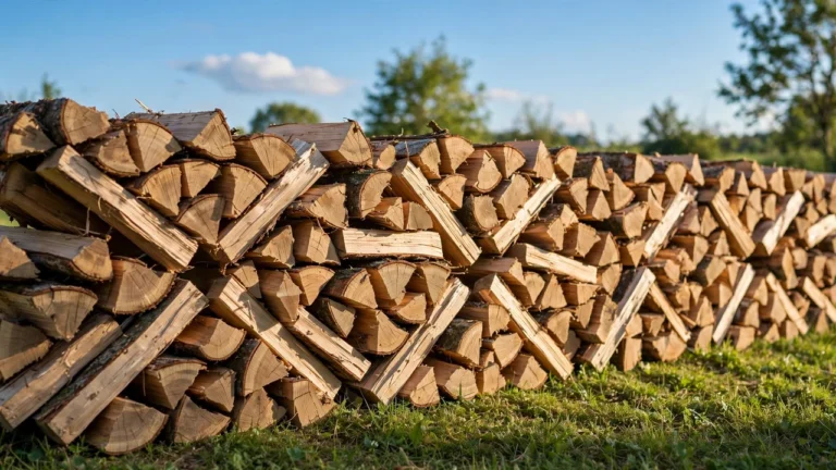 Split firewood stacked in a sunny, well-ventilated single row for fast seasoning