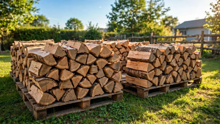 Stacked split firewood seasoning outdoors in a sunny backyard woodpile
