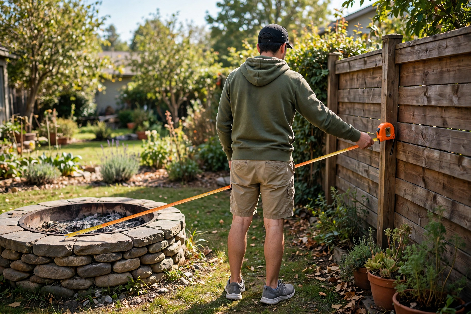 Fire Pit Clearance: Safe Distances Explained 2 Person using a tape measure to check fire pit clearance distance from a wooden fence in a backyard