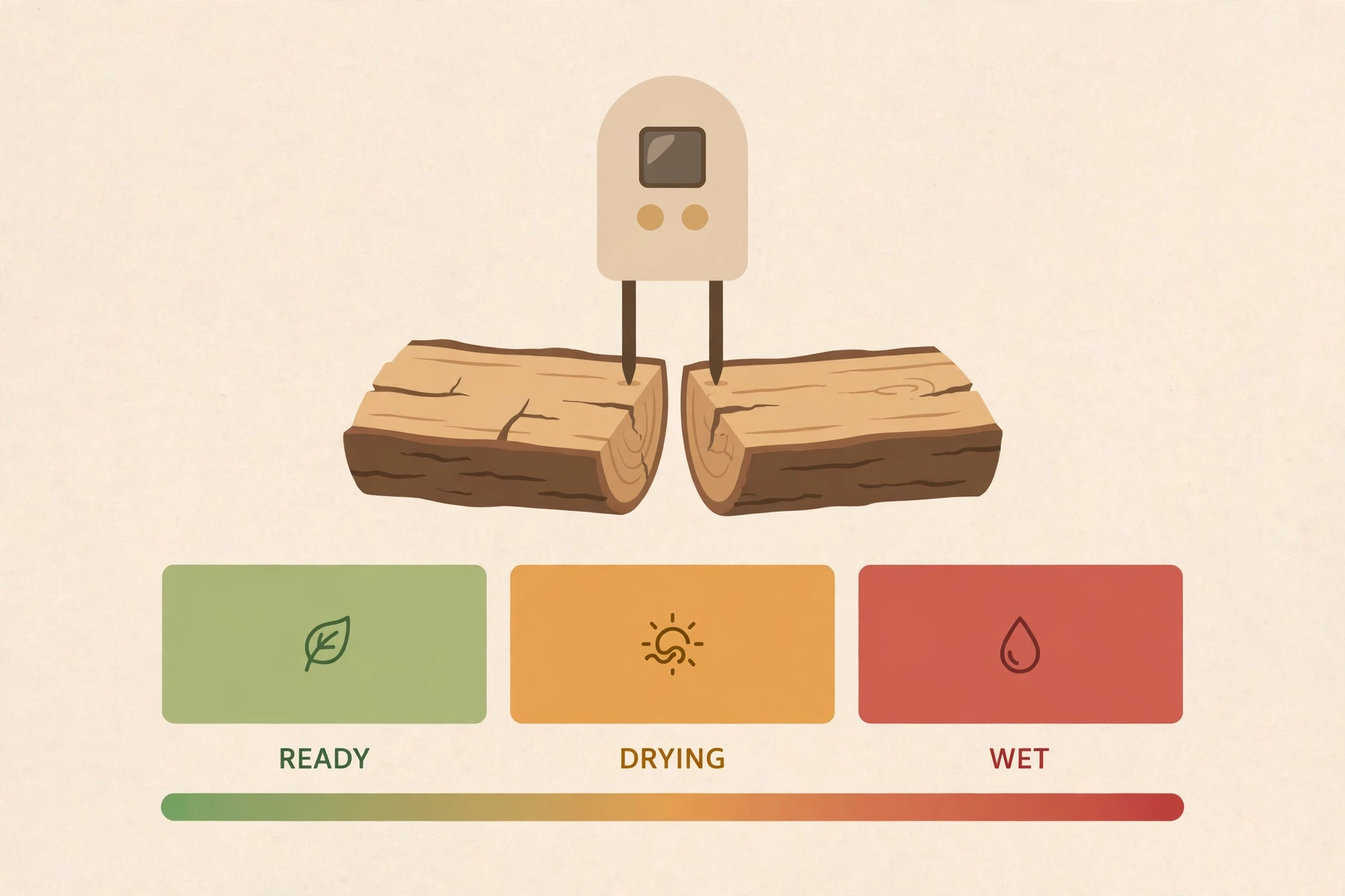 How to Tell If Firewood Is Seasoned: 6 Easy Tests 1 Infographic showing moisture meter reading zones for seasoned firewood: below 20 percent ready to burn, 20 to 25 percent needs more drying, above 25 percent still green