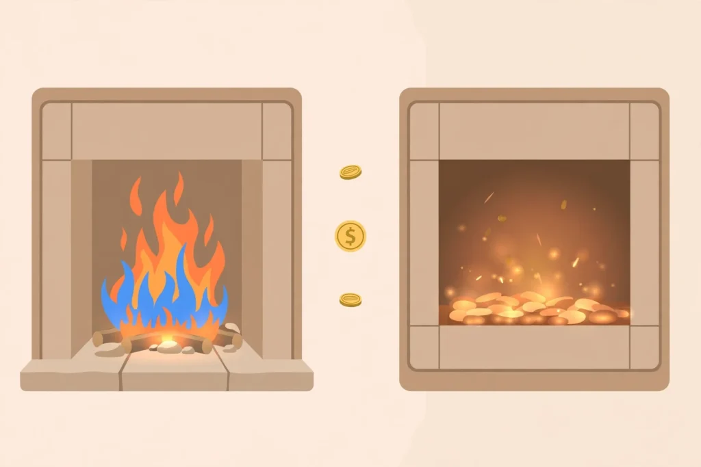 Infographic-style illustration comparing gas vs electric fireplace running costs and heat output