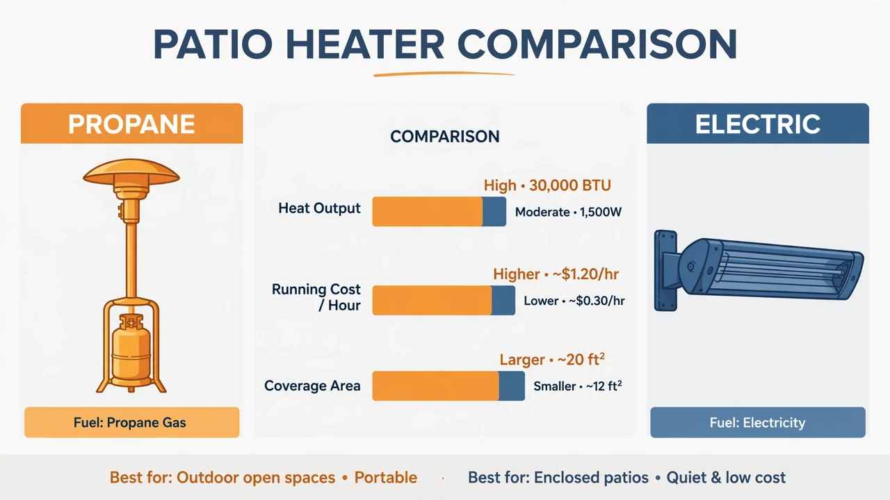 Infographic comparing propane and electric patio heaters side by side on heat output, hourly running cost, and coverage area