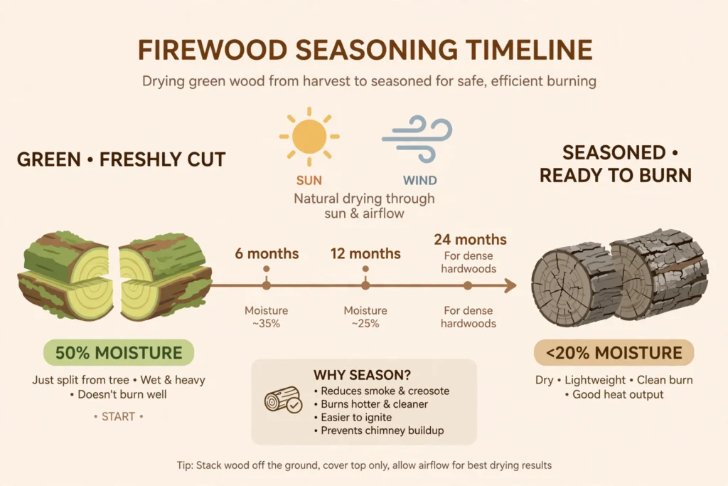 What Is Seasoned Firewood? Definition & Burn Guide 1 Infographic showing the firewood seasoning timeline from green wood at high moisture to seasoned wood below 20 percent moisture