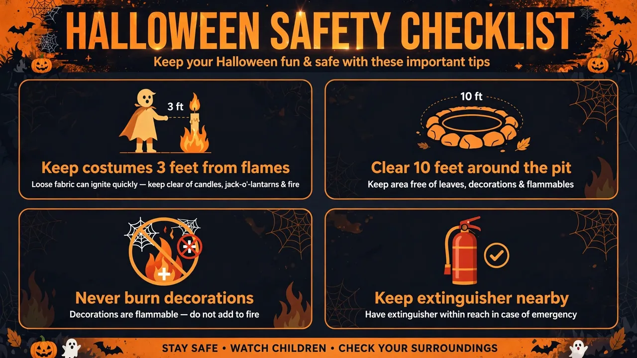 Halloween fire pit safety checklist infographic: keep costumes 3 feet from flames, clear 10 feet around the pit, never burn decorations, keep an extinguisher nearby