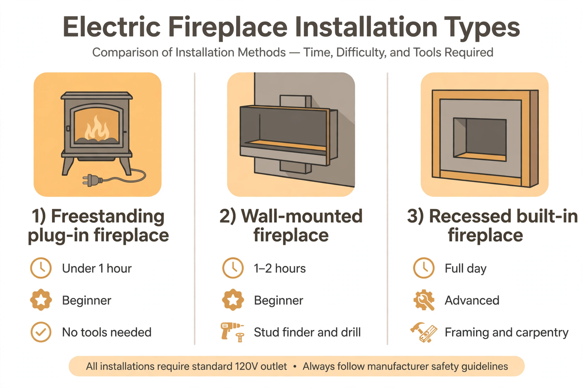 How to Install an Electric Fireplace (3 Ways) 1 Infographic comparing how to install an electric fireplace: freestanding plug-in, wall-mounted, and recessed built-in options with time, skill level, and tools needed