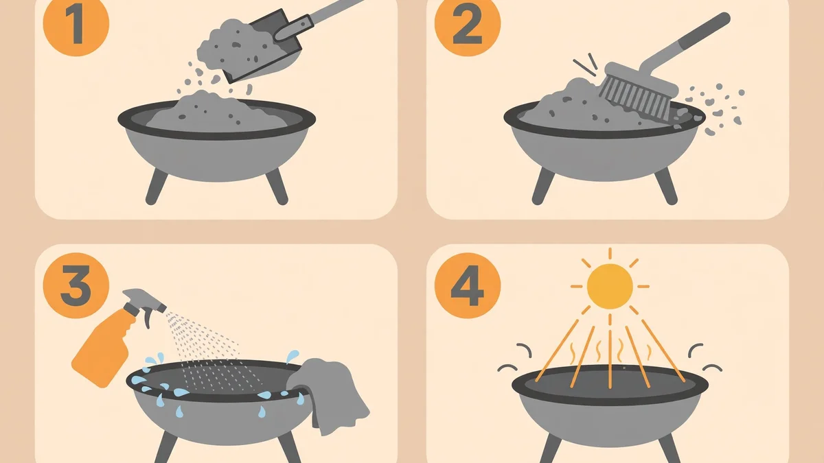 Illustrated 4-stage routine showing how to clean a fire pit: scoop ash, brush the bowl, wipe the rim, and dry in the sun