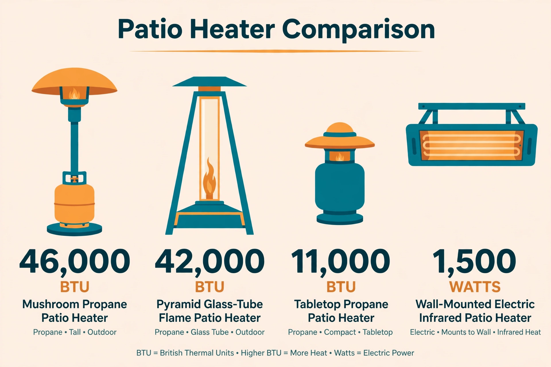 What Size Patio Heater Do I Need? BTU Guide 2 Comparison of patio heater BTU ratings by type, from an 11,000 BTU tabletop model to a 46,000 BTU freestanding propane heater