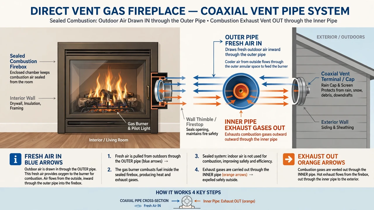 Cutaway diagram showing how a direct vent gas fireplace's coaxial vent pipe draws fresh outdoor air in and exhausts combustion gases out