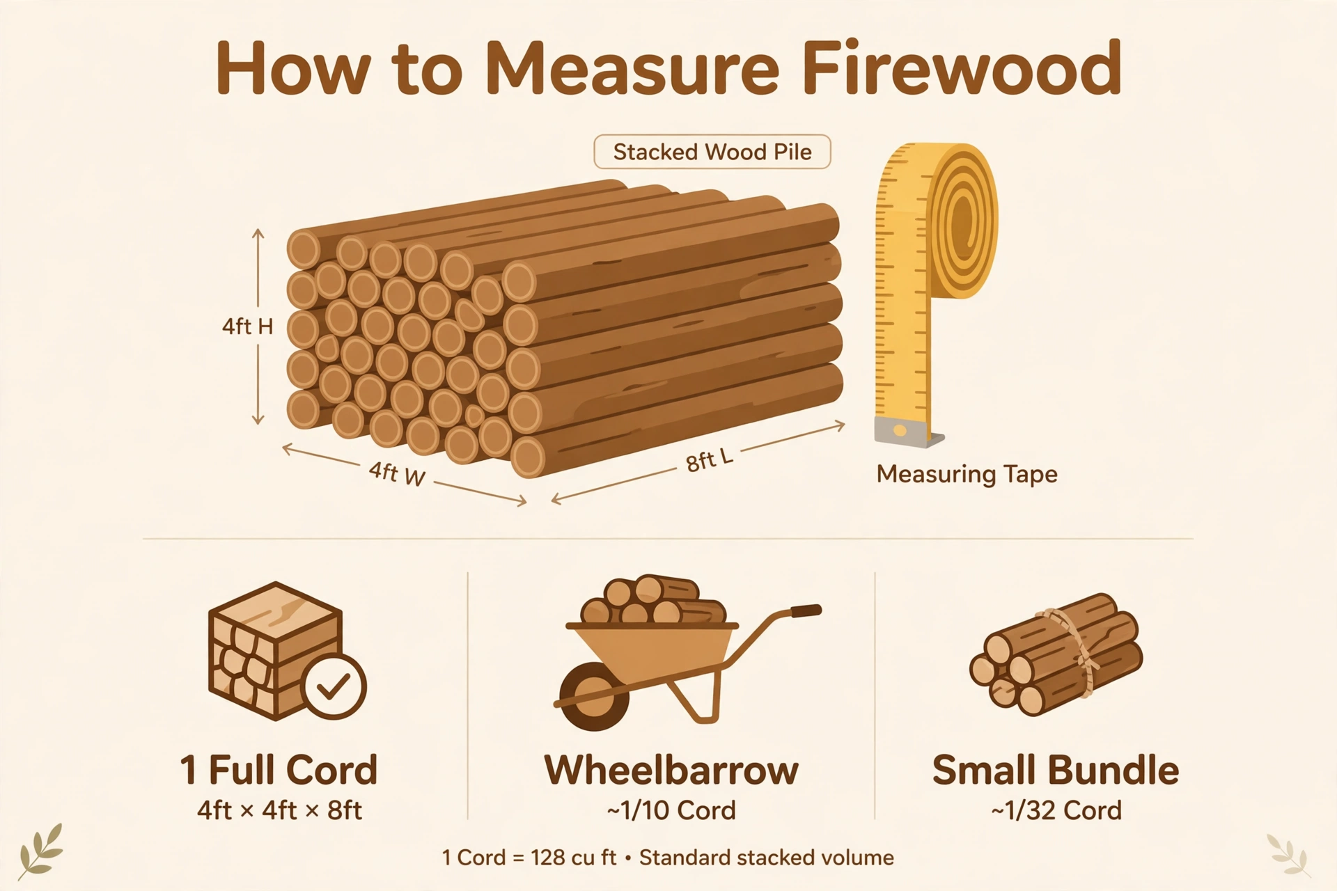 Infographic showing how to measure firewood by the cord when planning how much firewood you need for Thanksgiving weekend