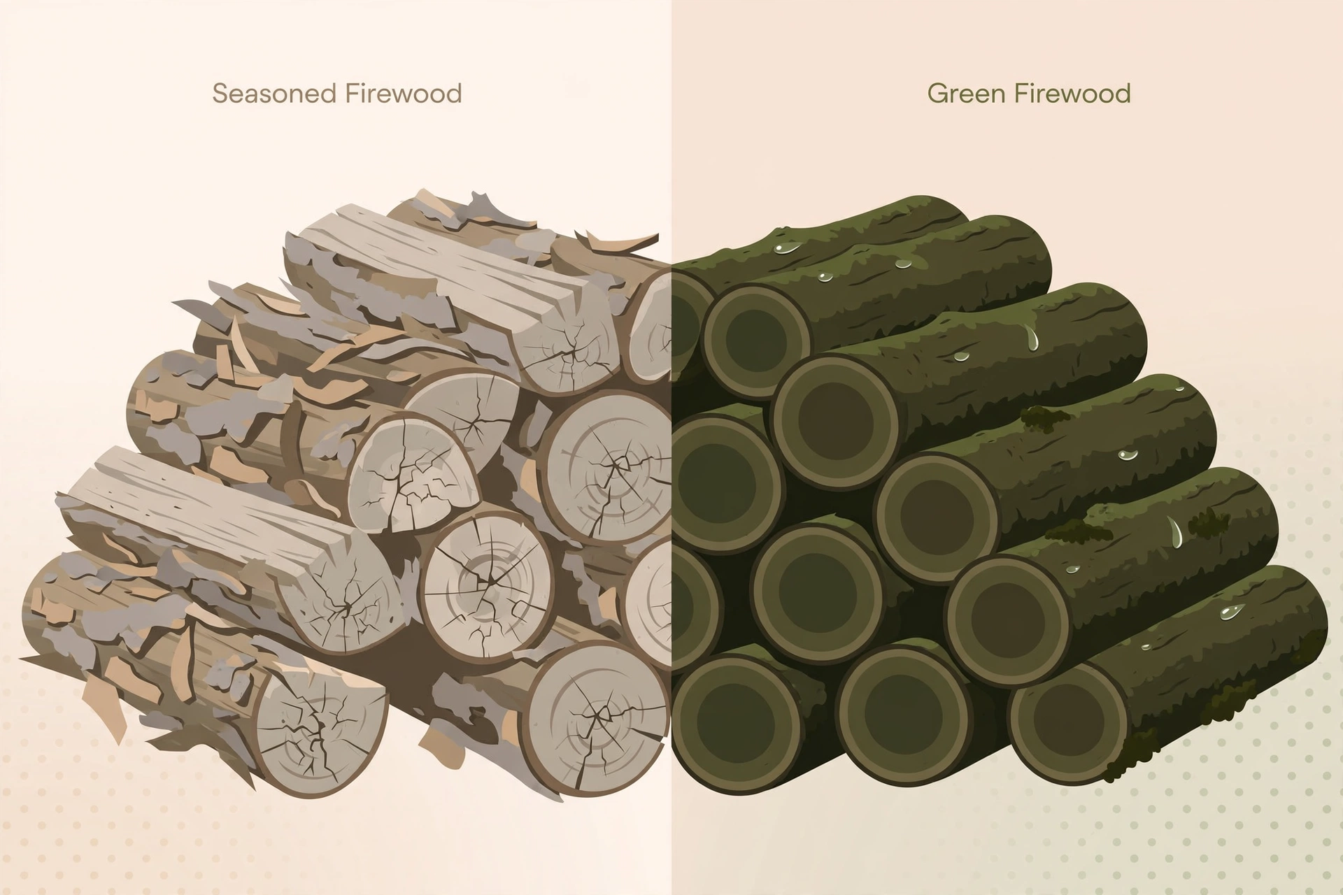How to Tell If Firewood Is Seasoned: 6 Easy Tests 2 Infographic comparing seasoned firewood vs green firewood signs: end cracks, loose bark, dull color, light weight against tight bark, bright color, heavy weight