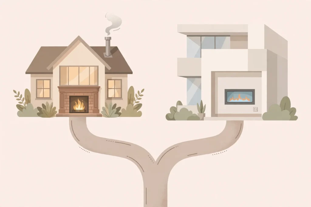 Illustration showing the decision path between a gas vs electric fireplace for different homes