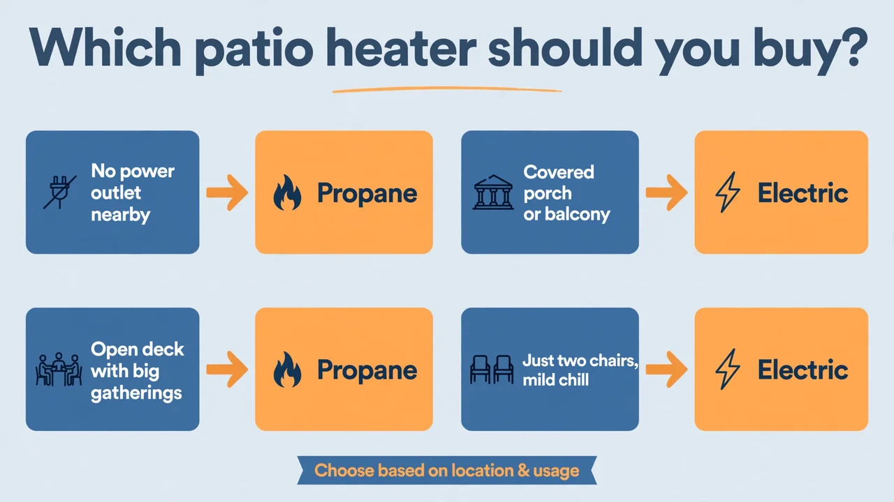 Decision flowchart helping readers choose between an electric or propane patio heater based on their space and usage