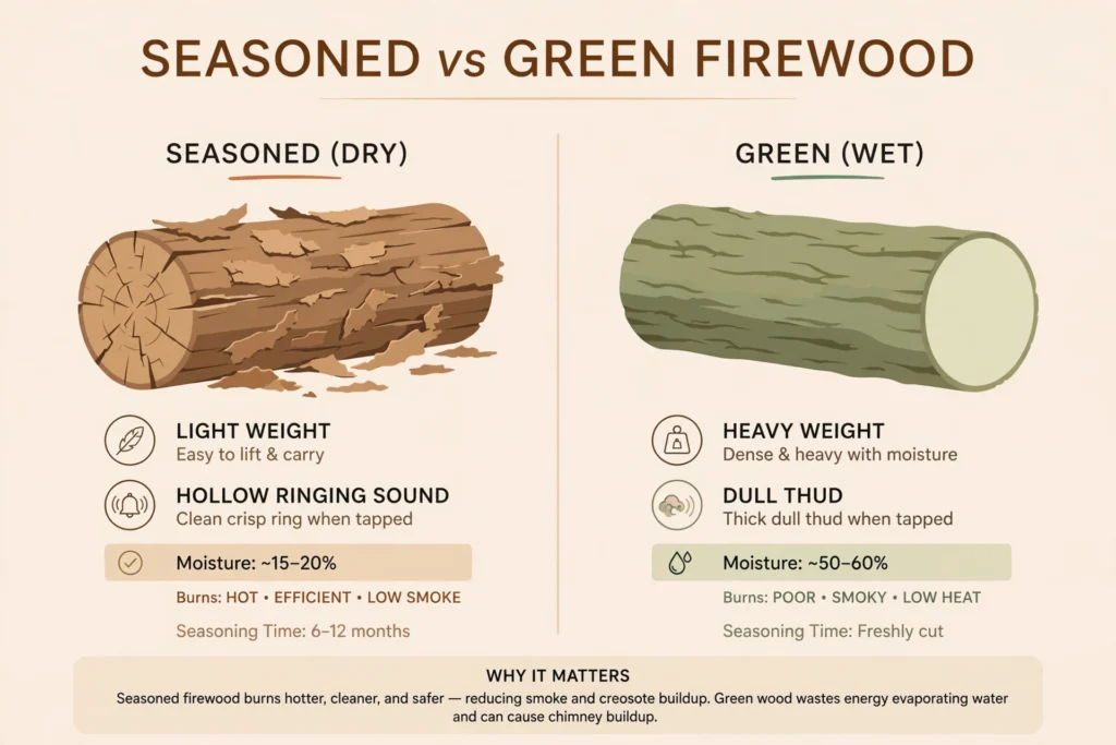 What Is Seasoned Firewood? Definition & Burn Guide 2 Infographic comparing seasoned vs green firewood signs: cracked ends, light weight, ringing sound, gray color and loose bark