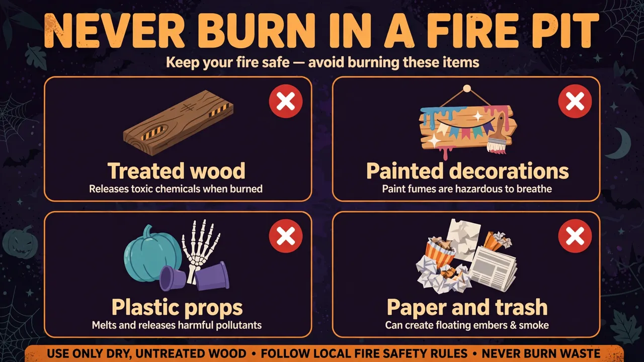 Infographic of items to never burn in a fire pit for Halloween fire pit safety: treated wood, painted decorations, plastic props, and paper trash