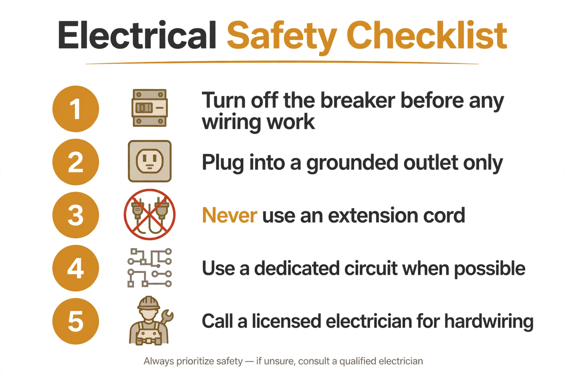 How to Install an Electric Fireplace (3 Ways) 2 Electrical safety checklist infographic for installing an electric fireplace: turn off the breaker, use a grounded outlet, no extension cords, dedicated circuit, call an electrician for hardwiring