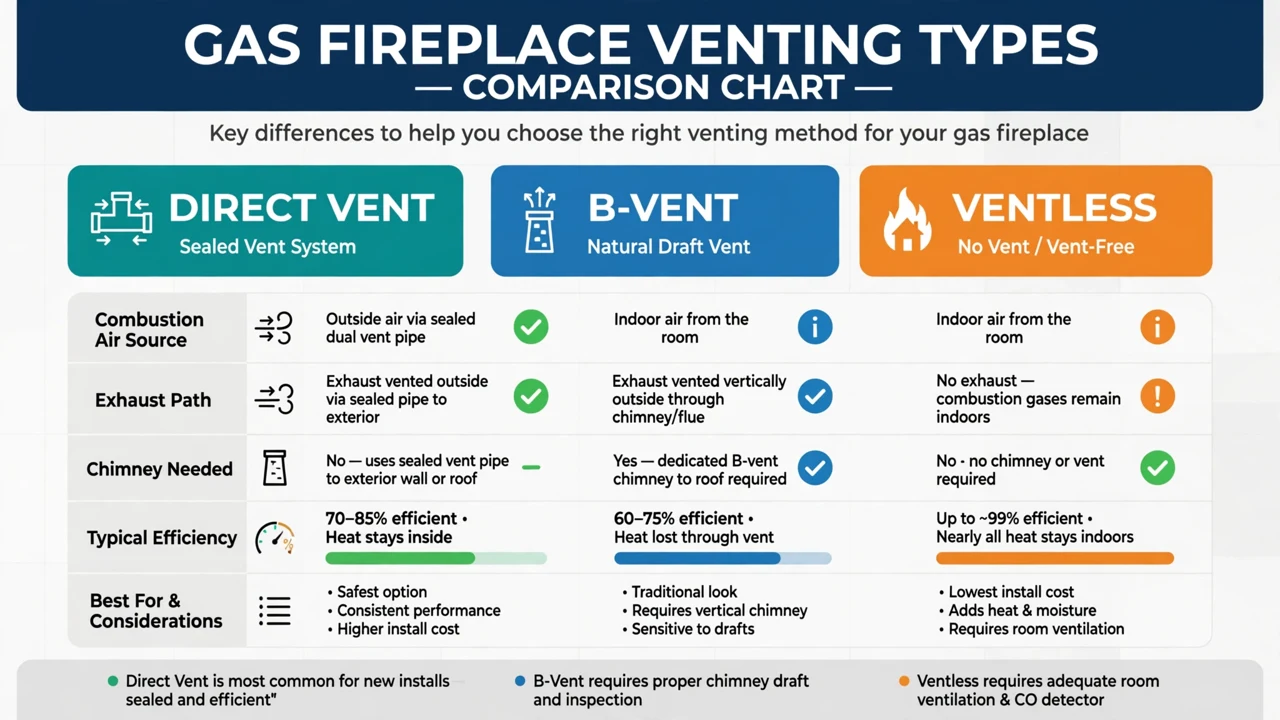 Comparison chart of direct vent vs B-vent vs ventless gas fireplaces showing combustion air source, exhaust path, and chimney needs