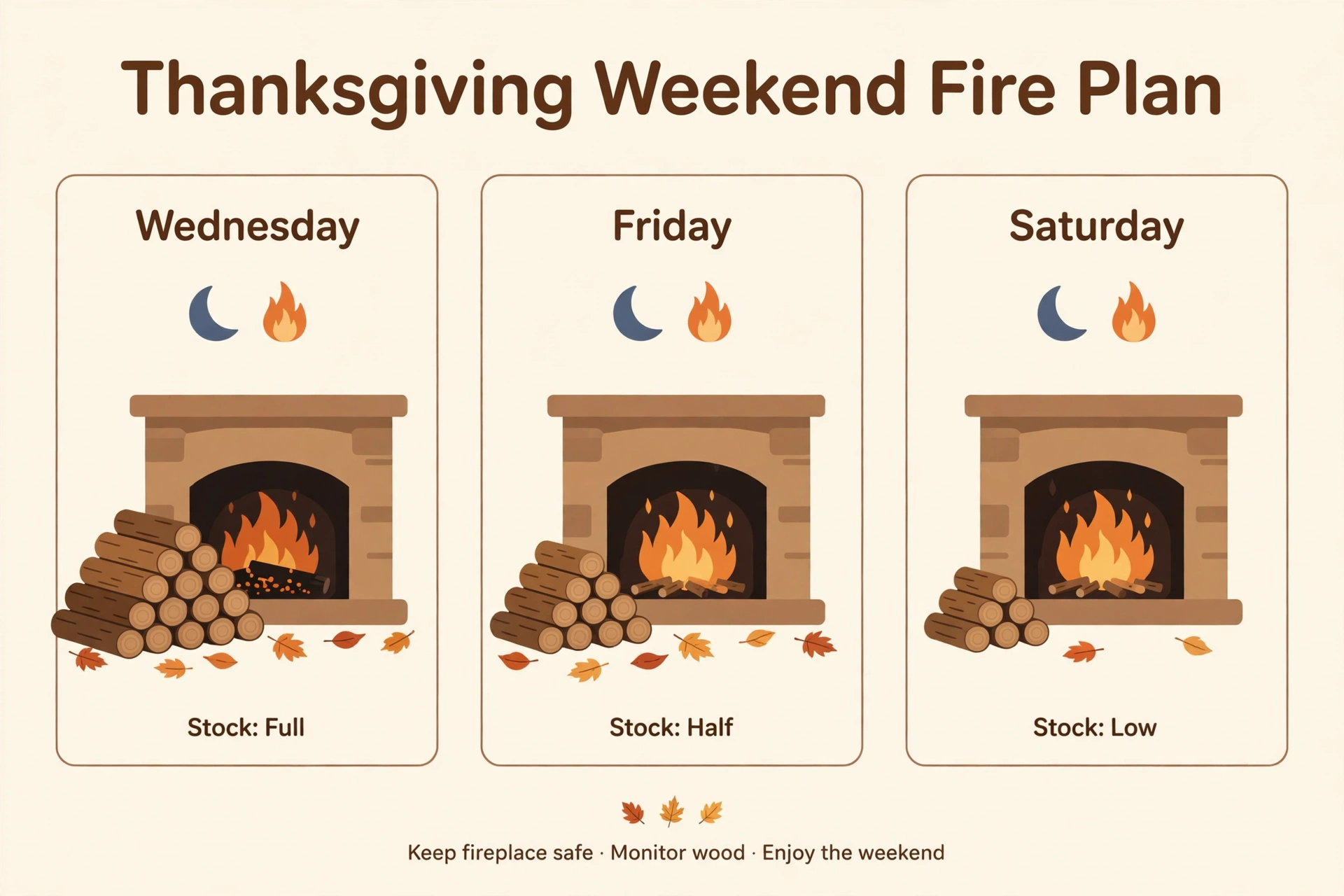 Thanksgiving weekend fire plan infographic showing the firewood pile shrinking from full to low across three days of fires