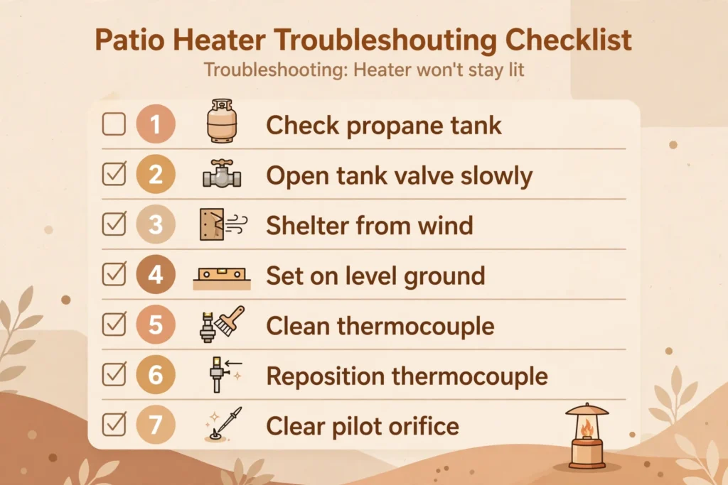 Checklist infographic of 7 troubleshooting fixes for a patio heater that won't stay lit, from checking the propane tank to clearing the pilot orifice