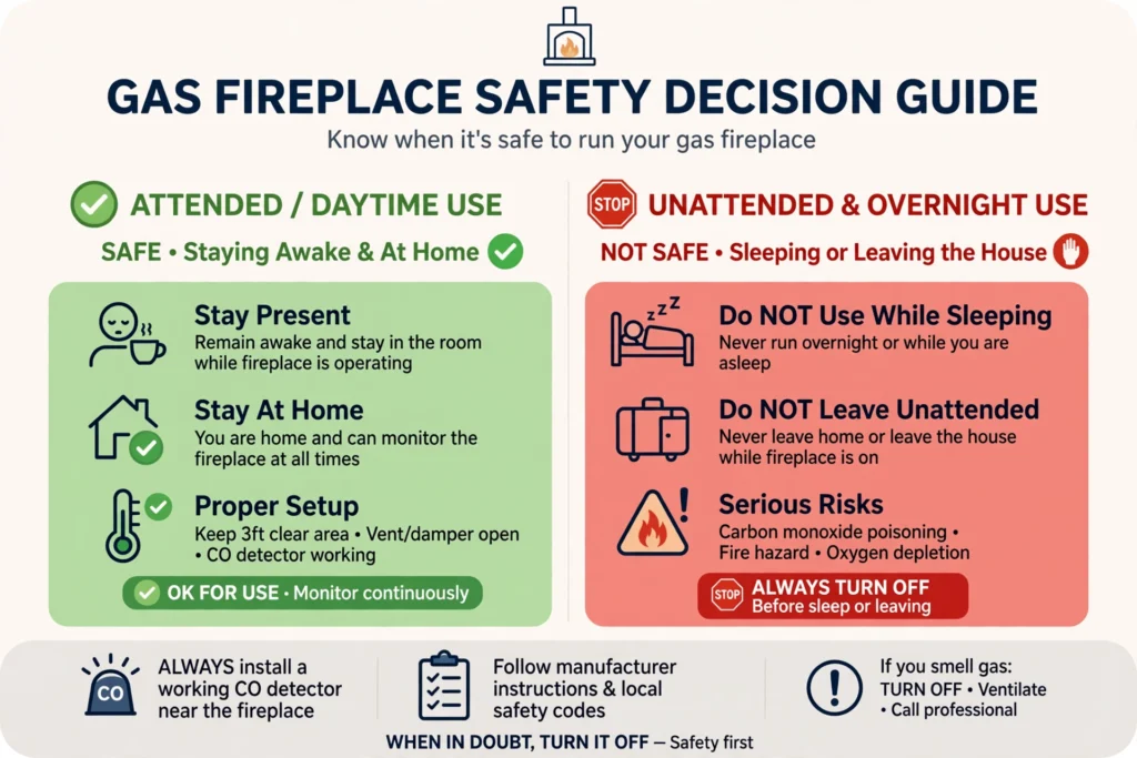 Decision guide comparing attended gas fireplace use while awake and at home with unattended and overnight use that should be avoided
