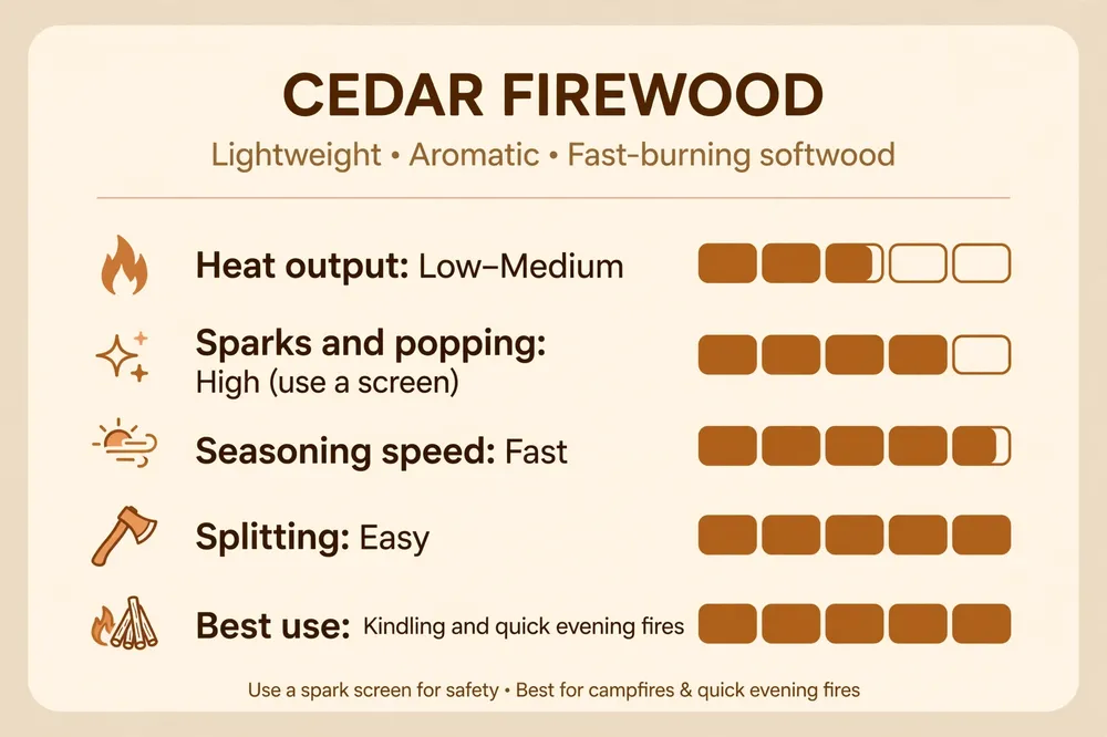 Cedar firewood profile: low to medium heat, high sparks, fast seasoning, easy splitting, best used as kindling