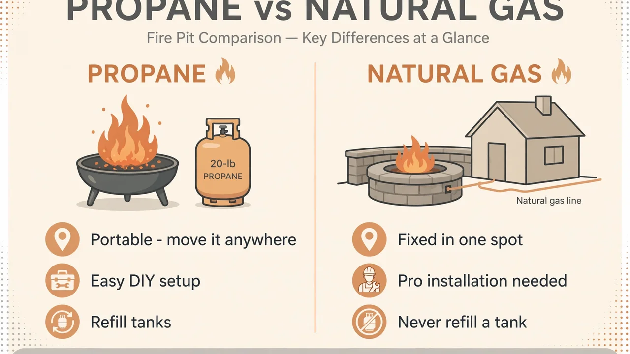 Infographic comparing propane vs natural gas fire pits: portable tank fire pit versus fixed stone fire pit with home gas line