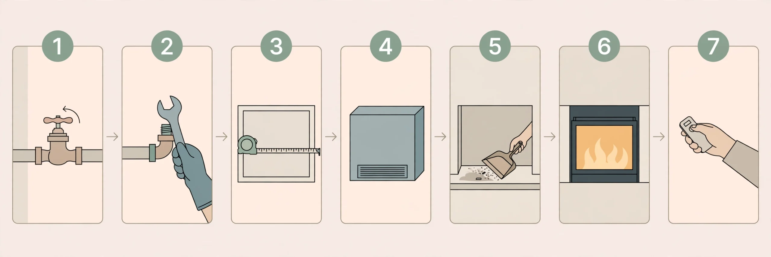 Seven-step diagram for converting a gas fireplace to electric: shut off the gas valve, cap the gas line, measure the firebox, choose an insert, clean the firebox, set the insert, test the settings