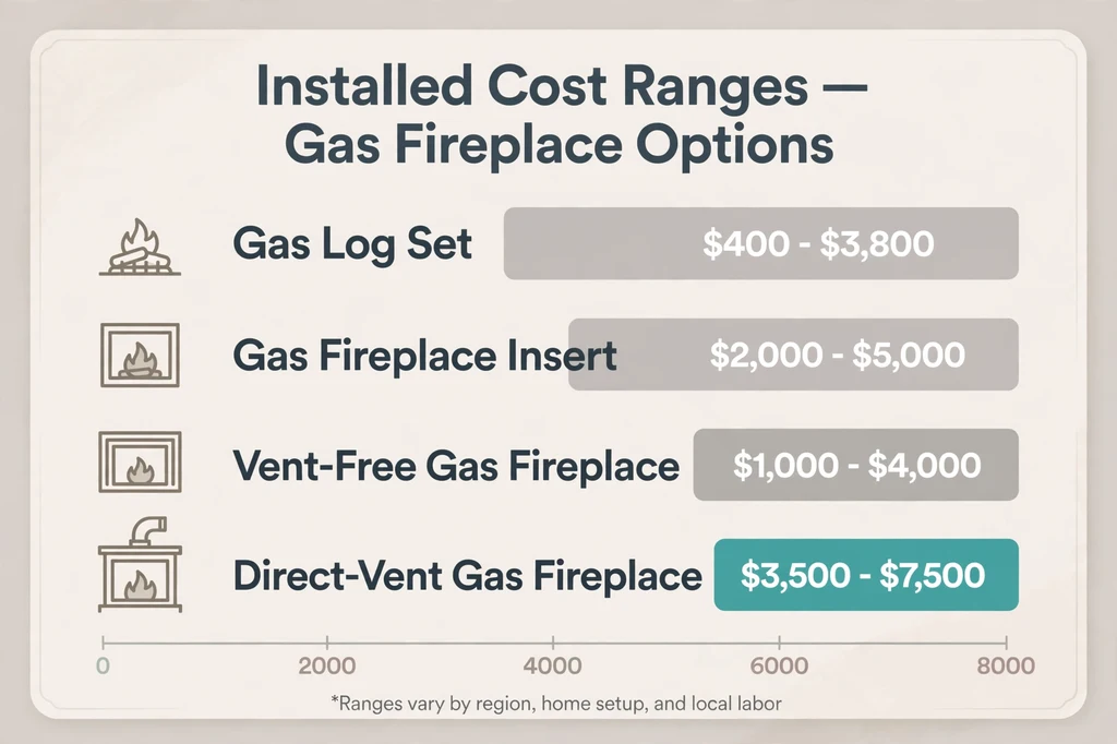 Bar chart comparing installed gas fireplace cost ranges by type: gas log set, gas fireplace insert, vent-free, and direct-vent units