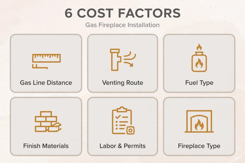 Six factors that affect how much it costs to install a gas fireplace: gas line distance, venting route, fuel type, finish materials, labor and permits, and fireplace type