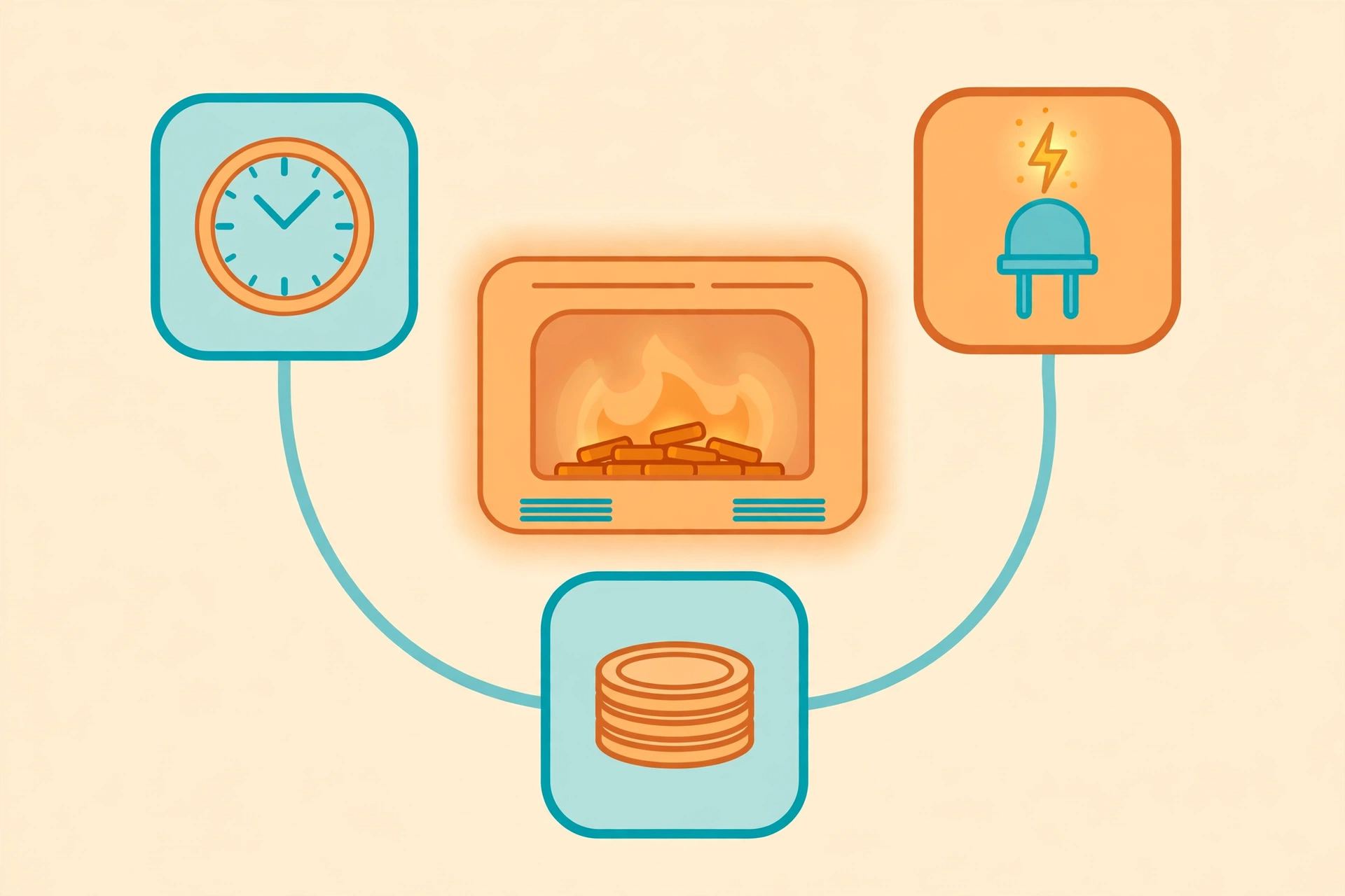 Illustrated guide showing how to calculate what an electric fireplace costs to run, using wattage, hours, and your electricity rate