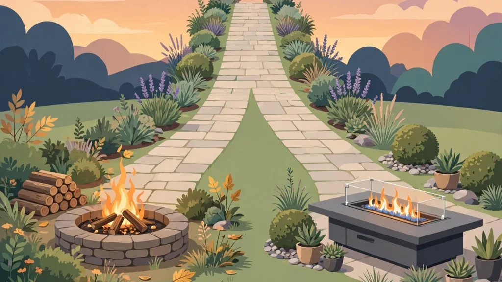 Best Type of Fire Pit: Wood vs Gas Buying Guide 2 Decision-path illustration helping you choose between a wood-burning fire pit and a gas fire table for your backyard