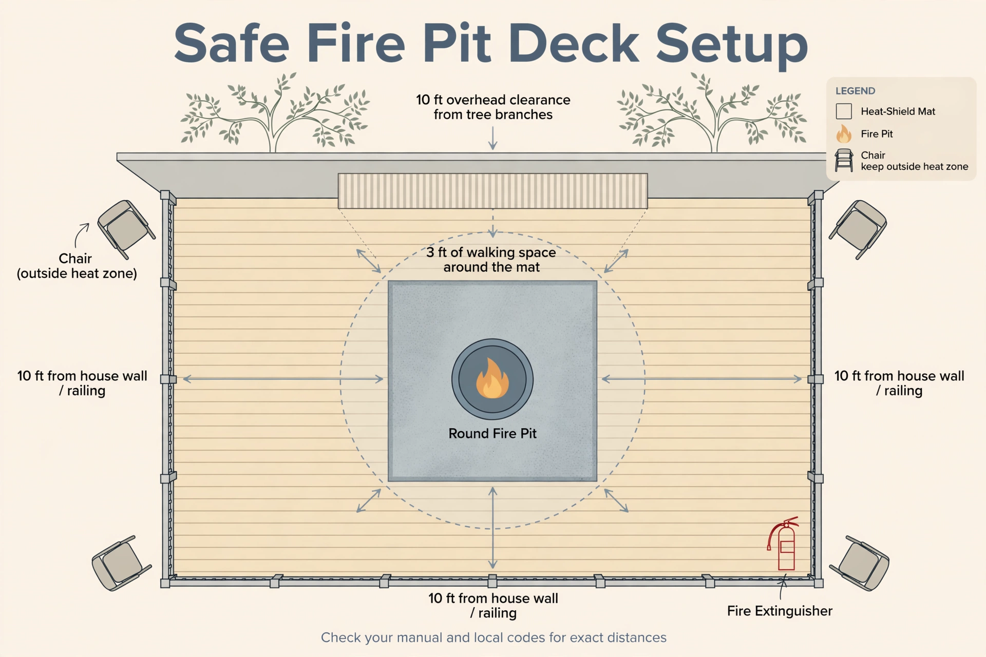 Diagram of safe fire pit deck setup showing clearance distances, heat shield mat placement, and fire extinguisher location