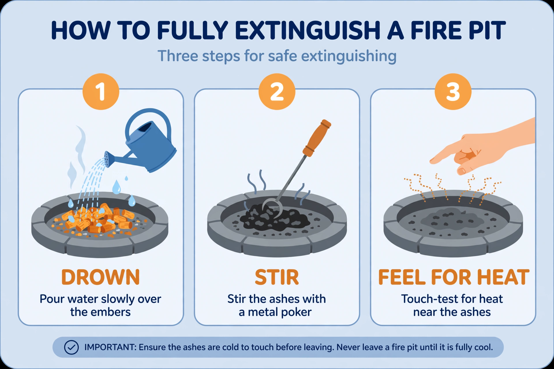 Infographic showing the three steps to fully extinguish a fire pit fire: drown the embers with water, stir the ashes, and feel for remaining heat